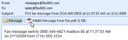 Sample email with a fax attachment in PDF format